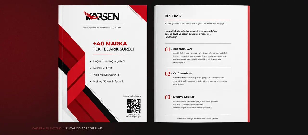 Karsen Elektrik kurumsal katalog — kapak ve iç sayfa mockup'ı