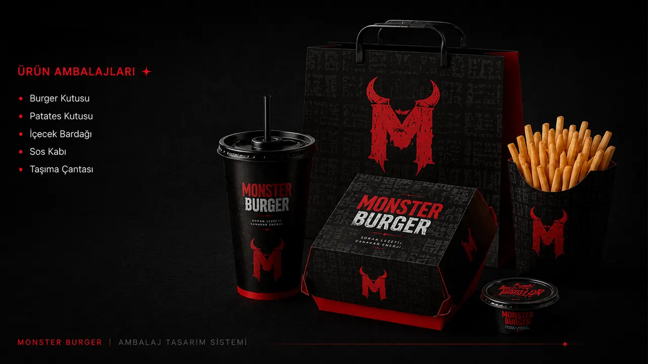 Monster Burger ambalaj seti — burger kutusu, içecek bardağı, patates kutusu ve taşıma çantası